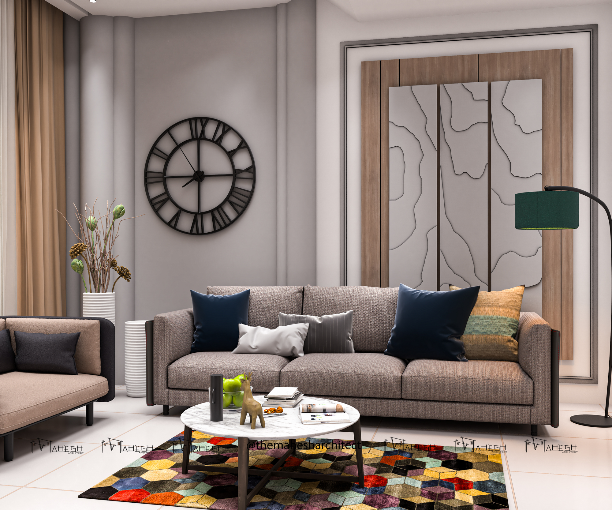 A recent interior render from the studio's research into materials and light